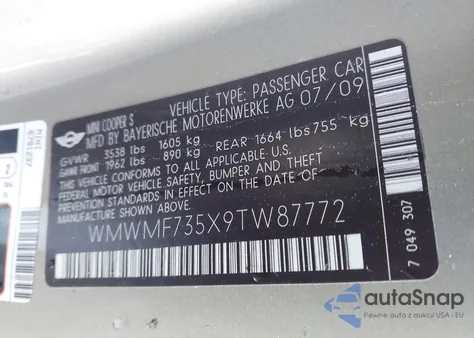 2009 Mini Cooper S z USA, uszkodzony, nr VIN WMWMF735X9TW87772